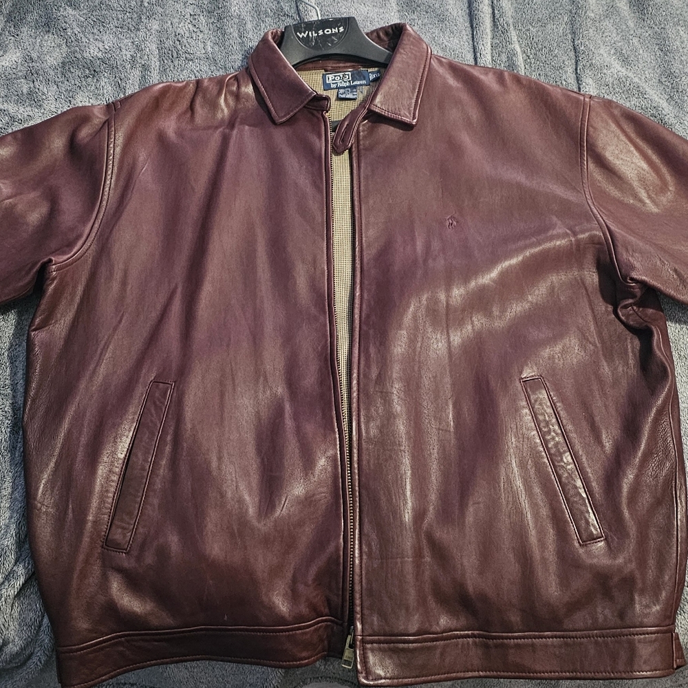 XXL Vintage Ralph Lauren Polo Burgund Bomber Mens Leather Jacket Coat